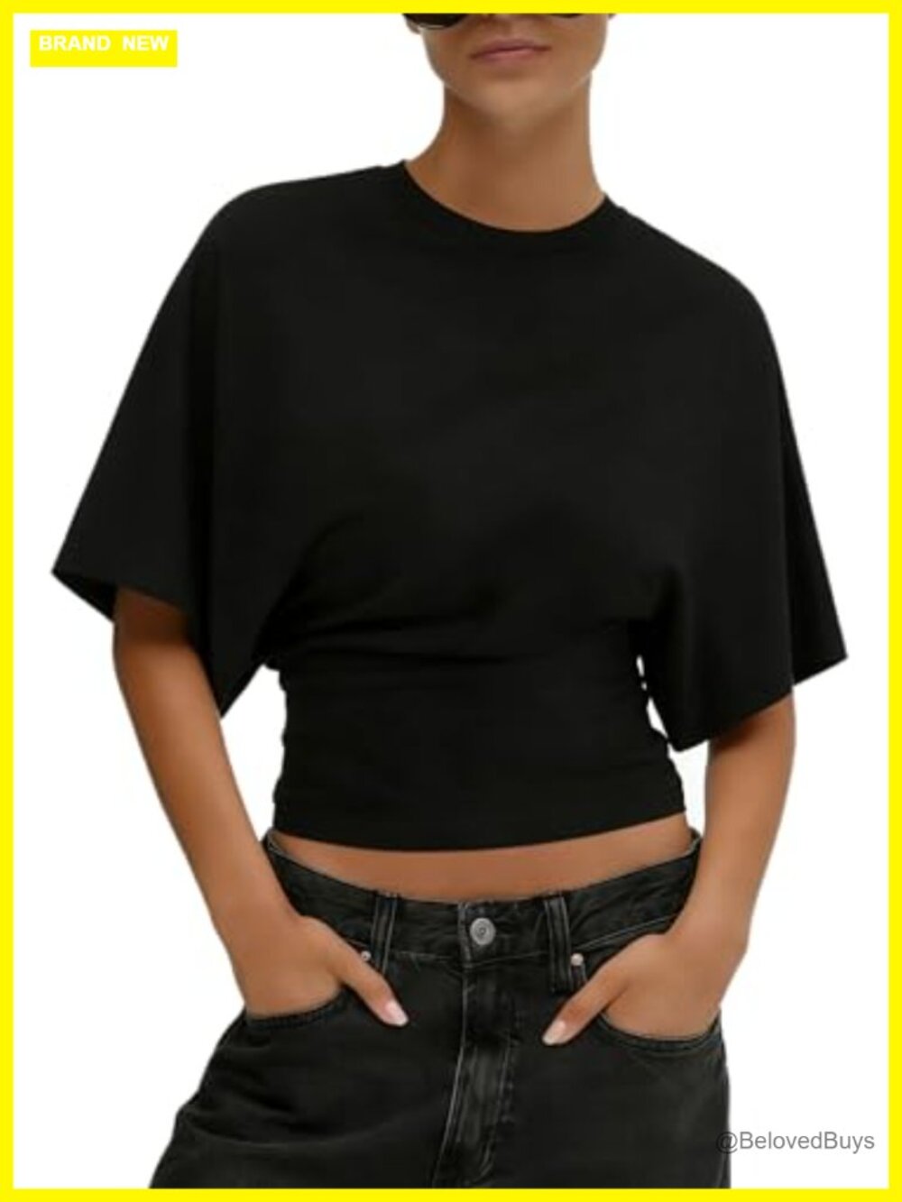 Women's Cinched Waist Dolman Sleeve Crop Top Ruched Banded Bottom Tee